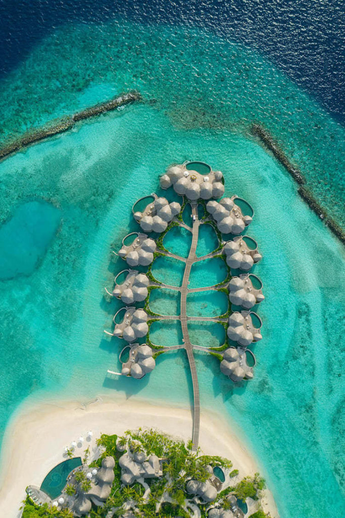 aerial view of floating hotel in Maldives