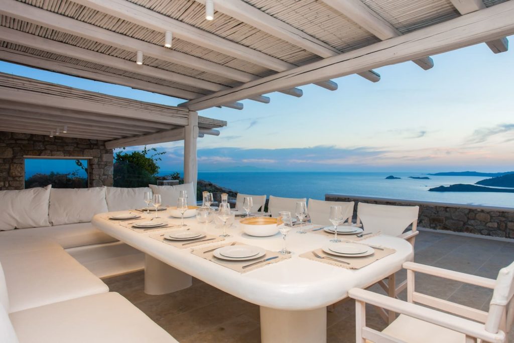 Outdoor dining area at Horatia, a luxury Airbnb in Mykonos
