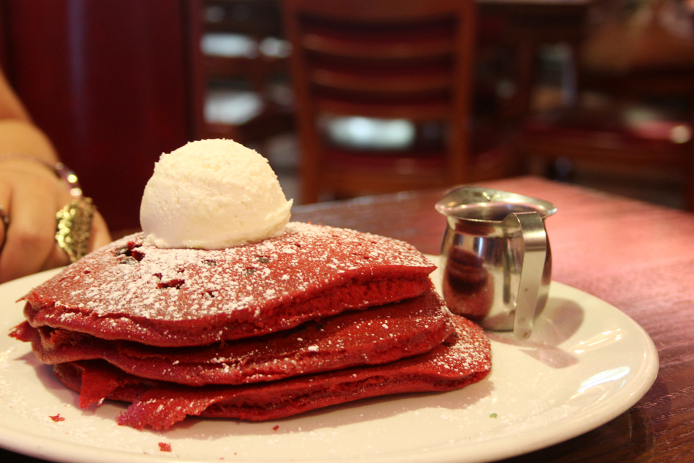 Red velvet pancakes at Fat Turtle cafe in Bali