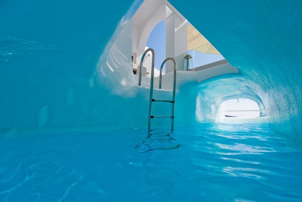 Indoor heated pool in a luxury airbnb in Santorini
