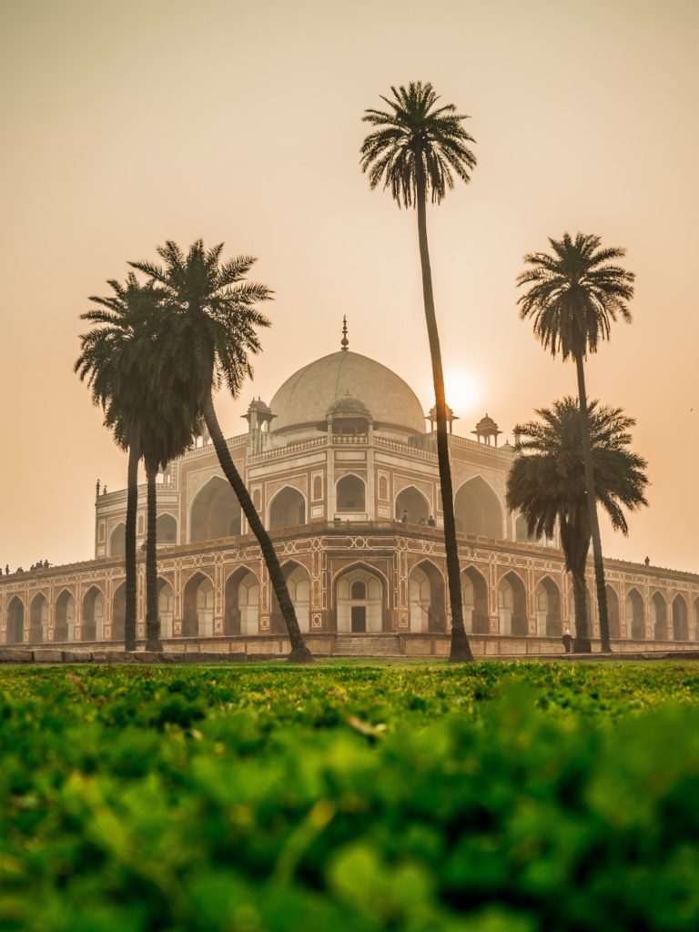 Sun rising over building and palm trees in India
