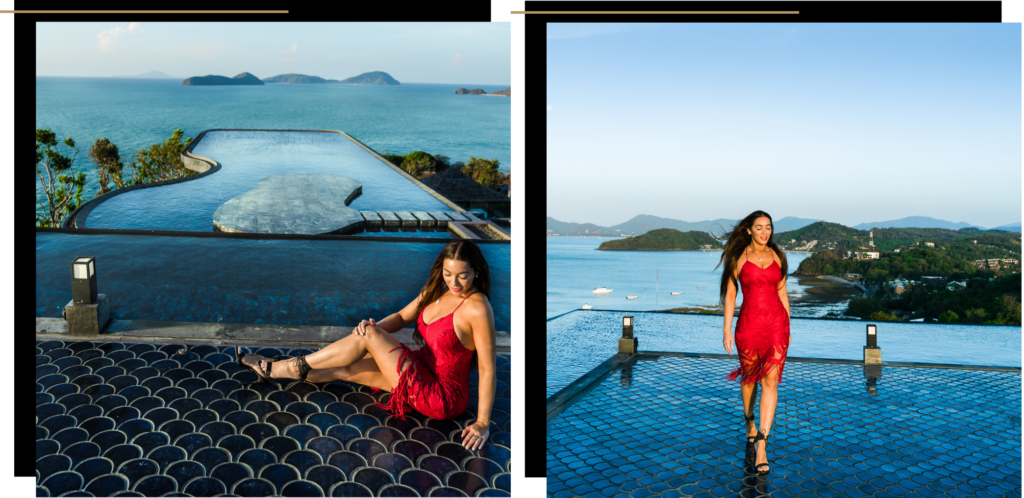 First picture: Isabella in a red dress sitting on the edge of Baba's Nest in Phuket. Second picture: Isabella standing and walking towards the camera at Baba's Nest at the Sri Panwa in Phuket.