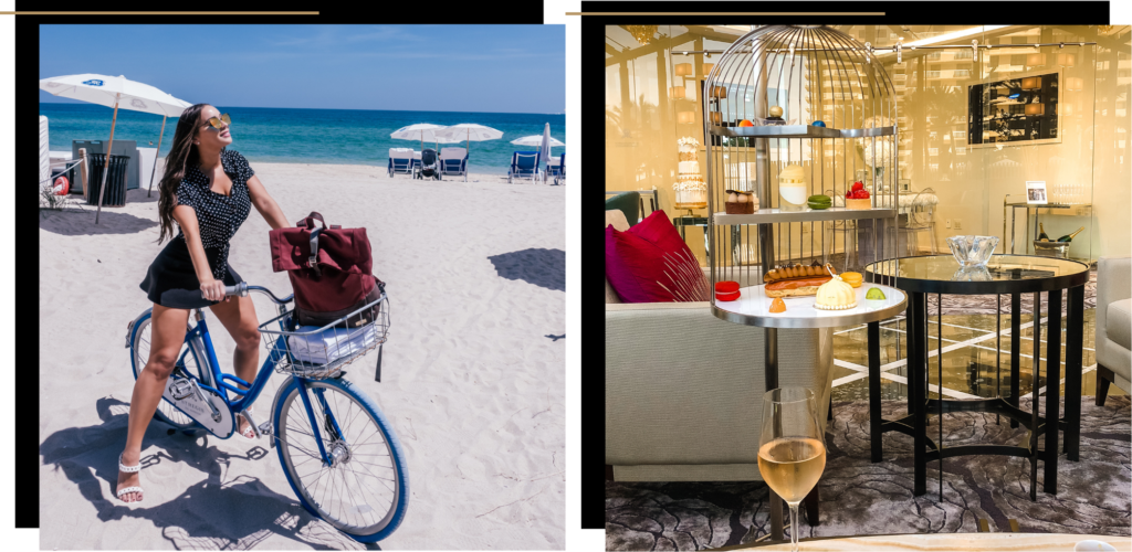 Two photos: one of Isabella riding a bicycle on the beach and the other of afternoon tea