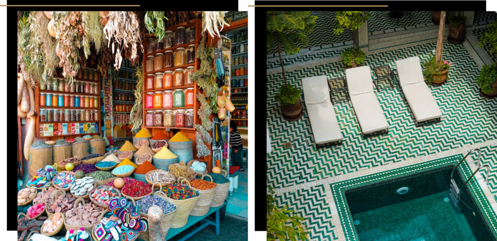 A Moroccan souk and Riad, both in Marrakesh which is reopening in September 
