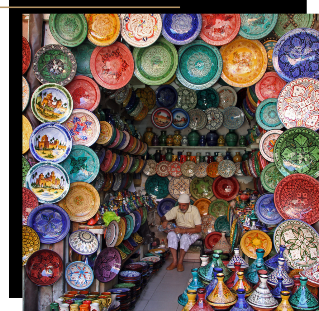 A market stall selling colourful plates and crockery in Morocco