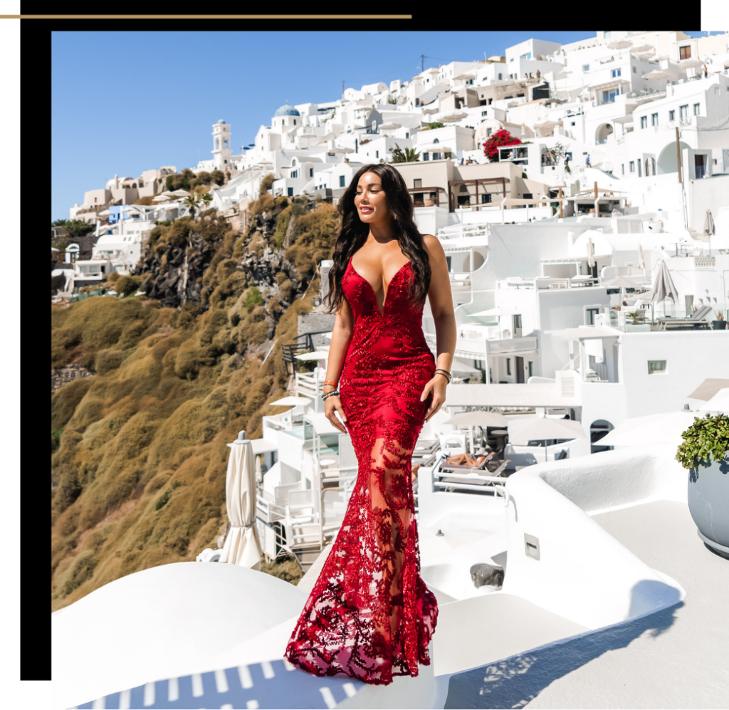 Isabella in a red dress in Santorini, Greece