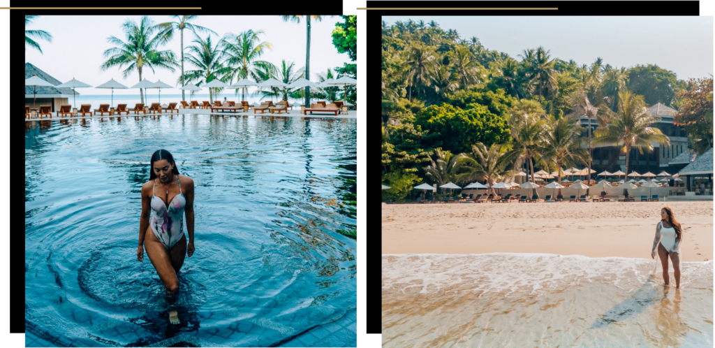 First photo: Isabella emerging from the pool at the Surin in Phuket. Second photo: Isabella standing on the beach in front of the Surin resort