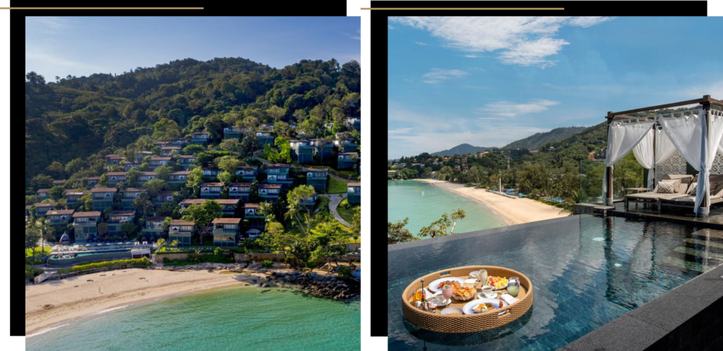 First photo: the villas at The Shore tumbling down the cliff. Second photo: infinity pool and floating breakfast at The Shore resort, Phuket.