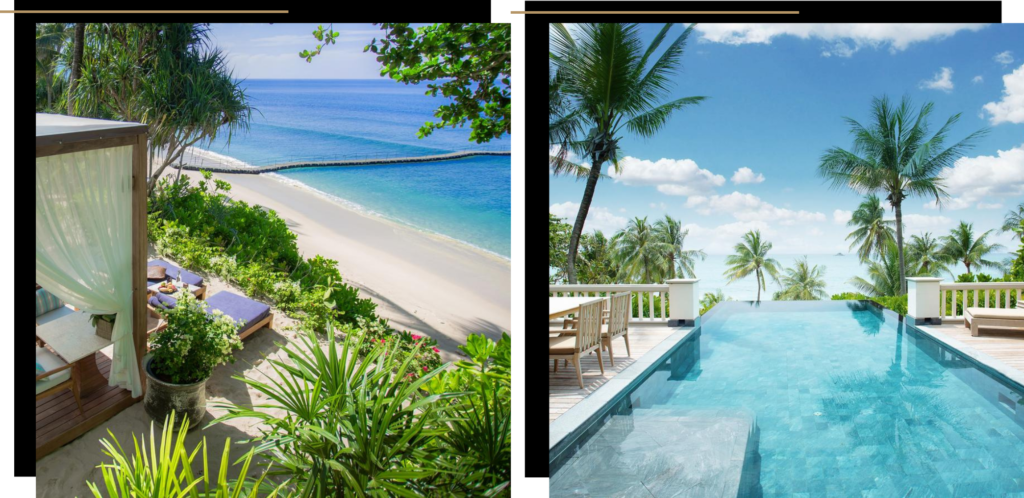 First photo: beach cabana and sea bridge at Trisara luxury resort, Phuket. Second photo: infinity pool at Trisara. 