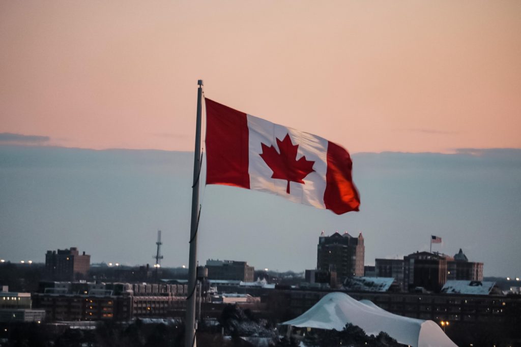 A Canadian flag at sunset