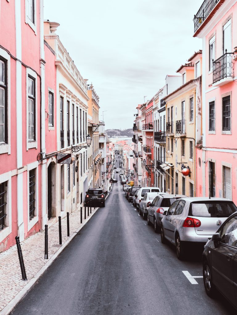 Pink houses on a street in Portugal 