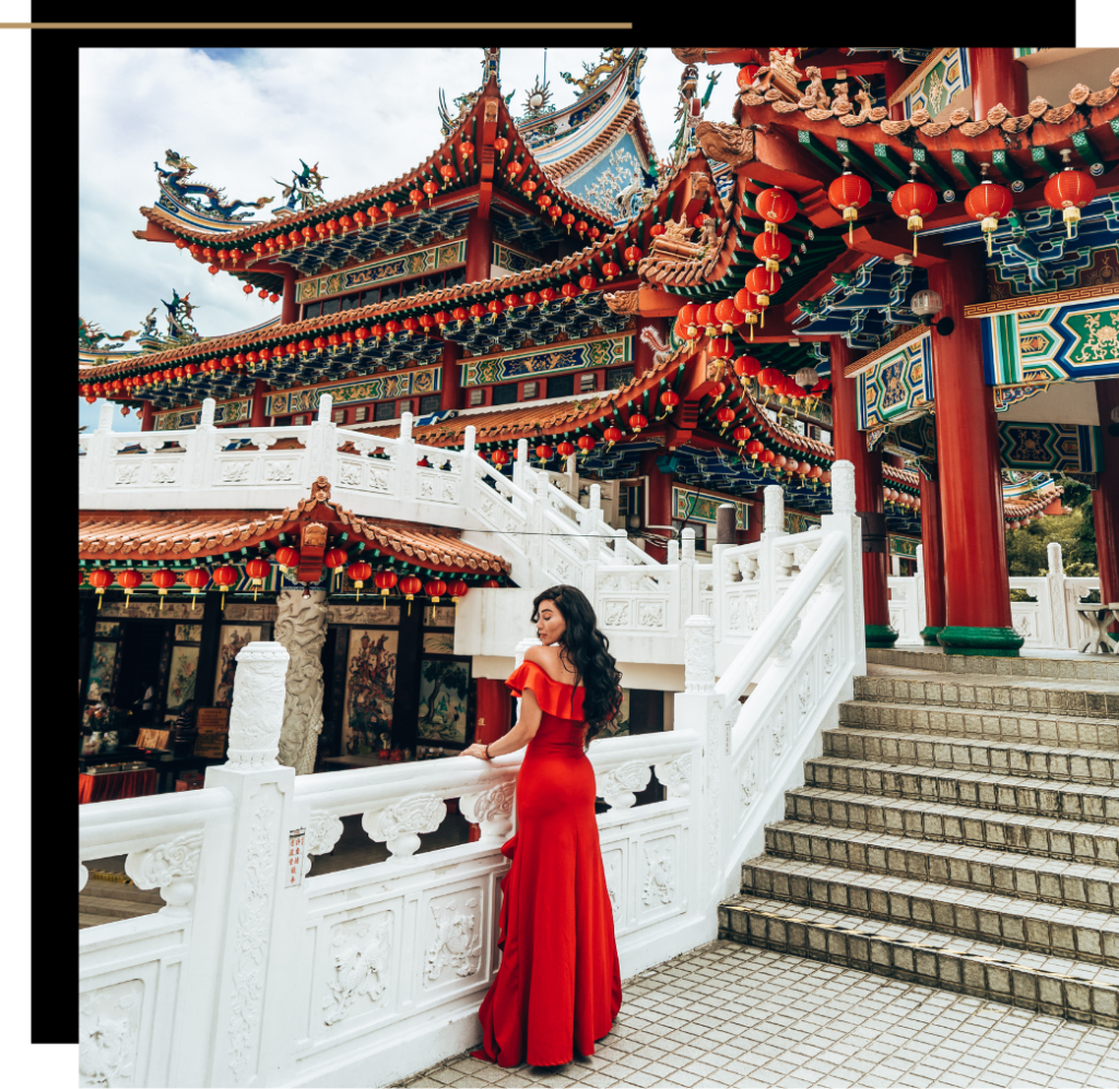 Isabella wearing a red dress at the Thean Hou Temple in Kuala Lumpur, Malaysia 