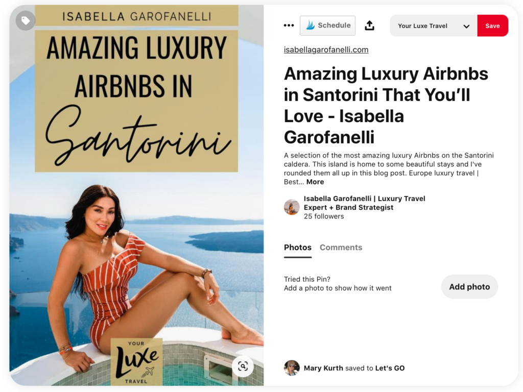 A screenshot of Amazing Luxury Airbnbs in Santorini pin