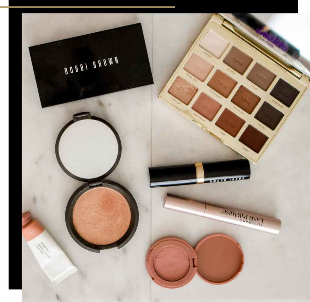 A selection of cosmetics by Bobbi Brown, L'Oreal Tarte and Glossier