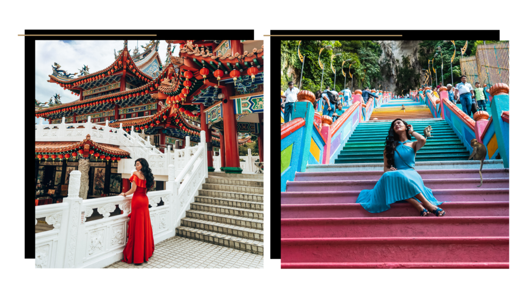 First photo shows Isabella at Thean Hou temple in Kuala Lumpur; second photo shows Isabella sitting on the steps in front of the Batu Caves