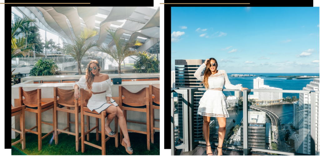 First picture: Isabella in a white dress at a bar in Miami. The second picture: Isabella on a balcony in a Miami