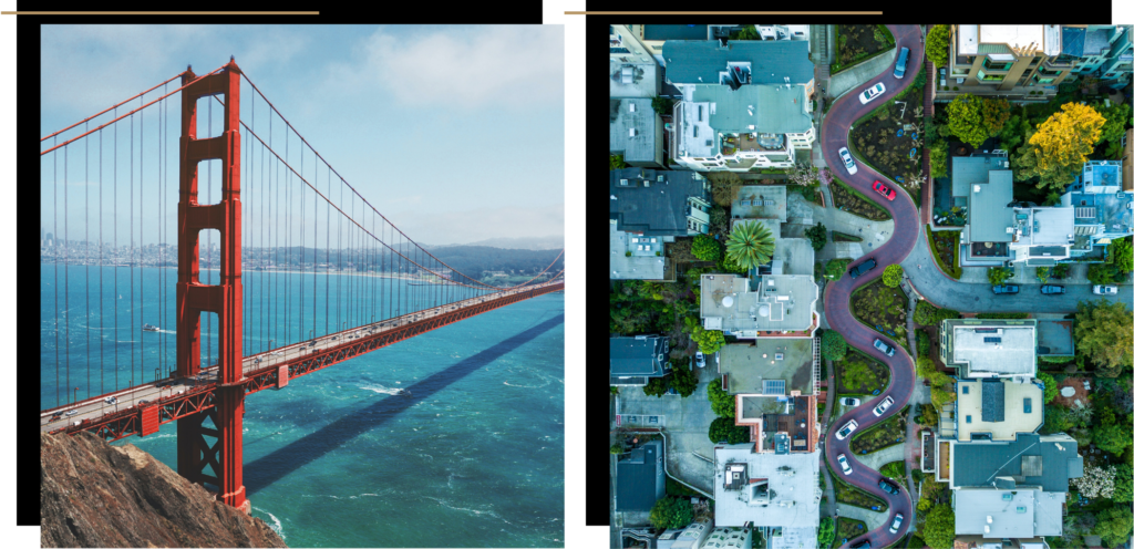 First picture: the Golden Gate Bridge in San Francisco. Second picture: Lombard Street in San Francisco 