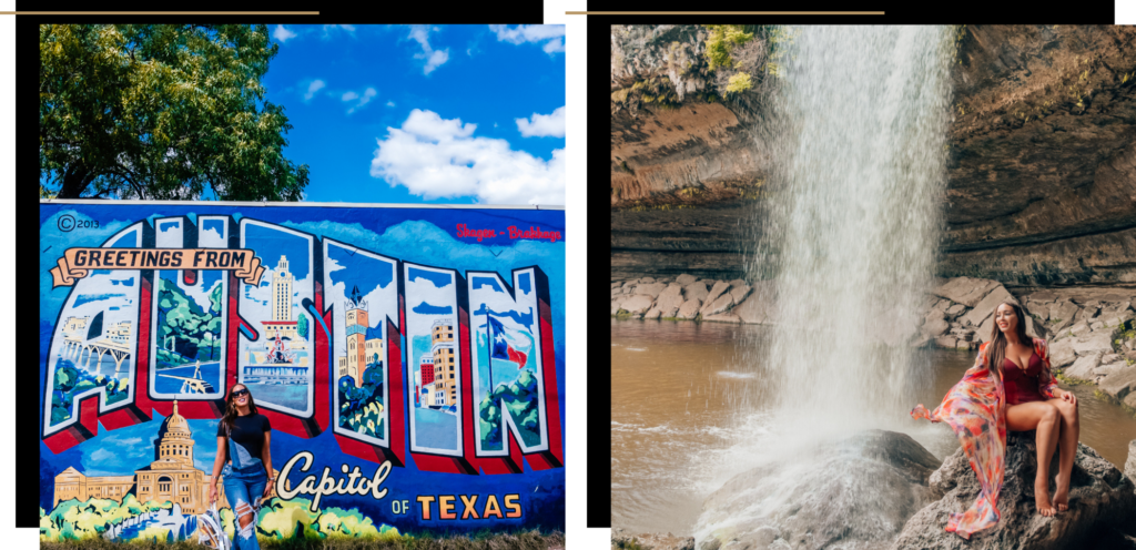 First picture: Isabella in front of a mural in Austin, TX. Second picture: Isabella sitting on rocks by a waterfall in Austin, TX. 