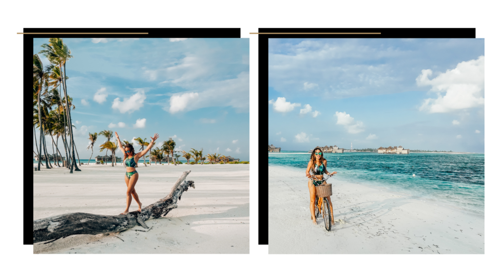 Isabella walking on the beach and riding a bicycle at Gili Lakanfushi Resort in The Maldives