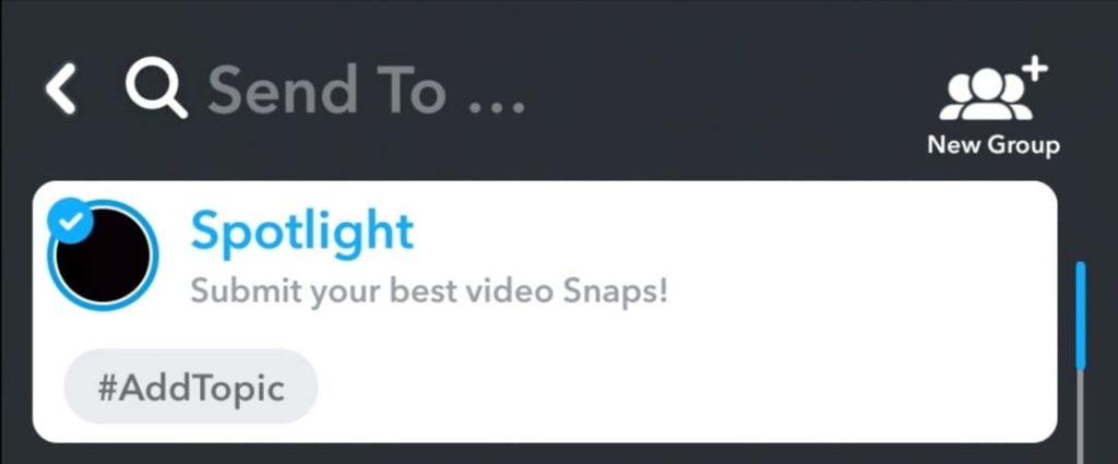 A screenshot of Snapchat, with the option to send a video to the spotlight feed