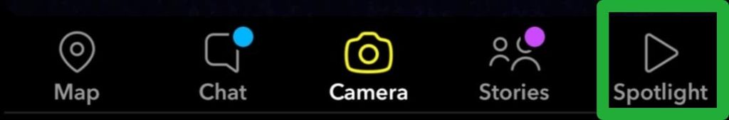 The Snapchat menu with the Spotlight button highlighted in a green square